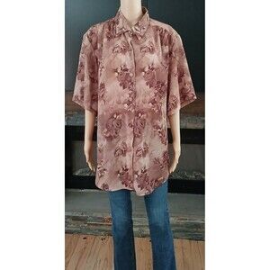 Melissa Robyn Vintage 18W Sheer Roses Button Up Long Sleeve Casual Blouse Top